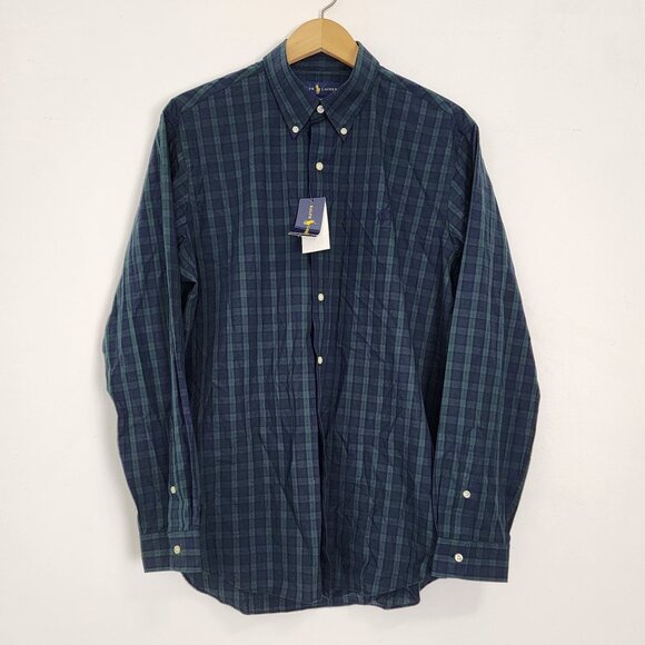 Ralph Lauren Polo Mens Long Sleeve Blue & Green Plaid Button-Up Shirt Stretch - Picture 1 of 11